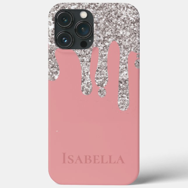 Pink Silver Glitter Drips Personalized Monogram  Case-Mate iPhone Case (Back)
