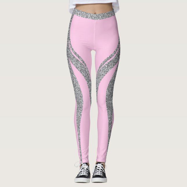 Pink Silver Glitter Heart Butt Activewear Leggings (Front)