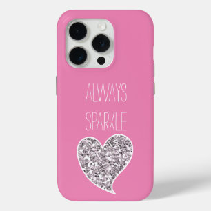 Pink Silver Glitter Heart iPhone 15 Pro Case