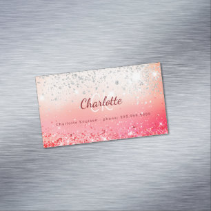 Pink Silver glitter monogram initials Magnetic Business Card