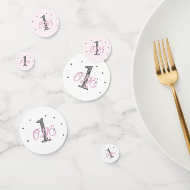 Pink & Silver Glitter ONE 1st Birthday Party Confetti (Group)