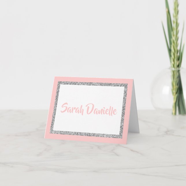 Pink & Silver Glitter Personalized Thank you Card (Front)