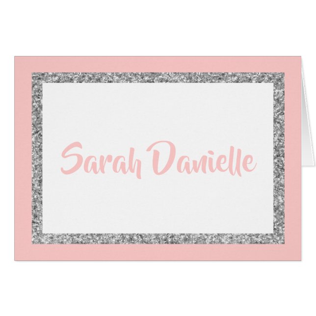 Pink & Silver Glitter Personalized Thank you Card (Front Horizontal)