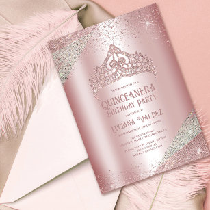 Pink Silver Glitter Princess Tiara Quinceañera Invitation