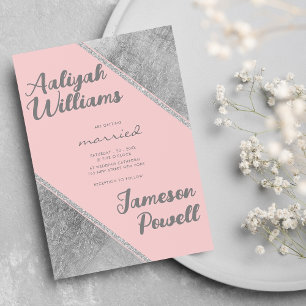 Pink silver glitter script calligraphy wedding invitation