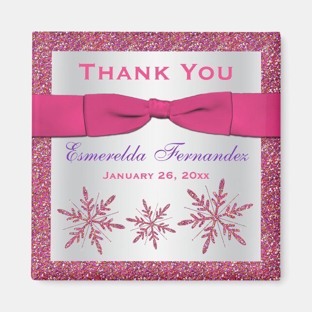Pink, Silver Glitter Snowflakes Party Favour Magnet (Front)
