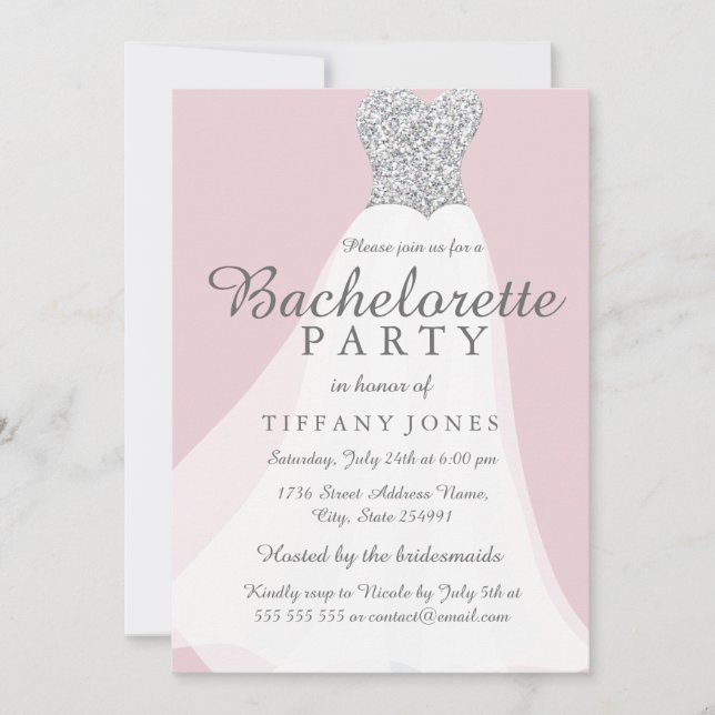 Pink Silver Glitter White Gown Bachelorette Party Invitation (Front)