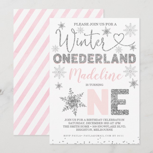 Pink Silver Glitter Winter Onederland Birthday Invitation (Front/Back)