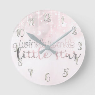 Pink Silver Glowing Celestial Twinkle Little Star Round Clock