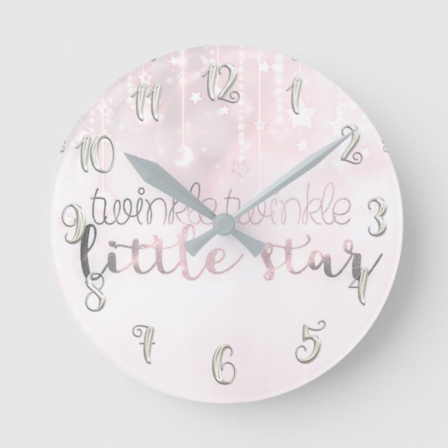Pink Silver Glowing Celestial Twinkle Little Star Round Clock (Front)