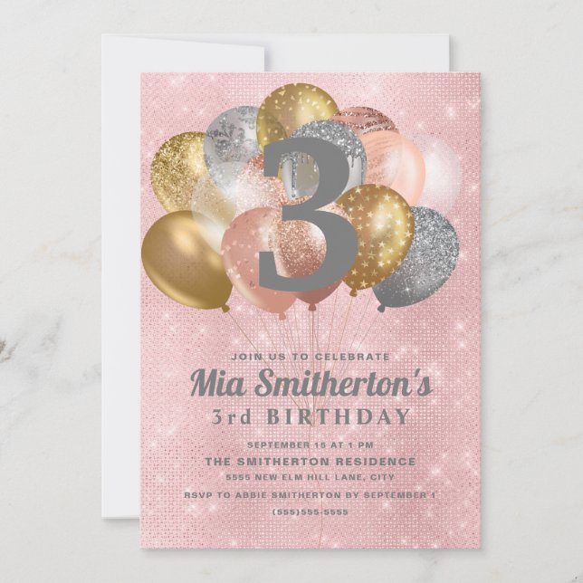 Pink Silver Gold  Balloons Girl's 3rd Birthday Invitation (Front)