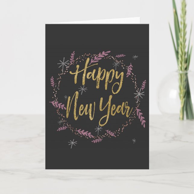 Pink, Silver & Gold Glitter New Years Holiday Card (Front)