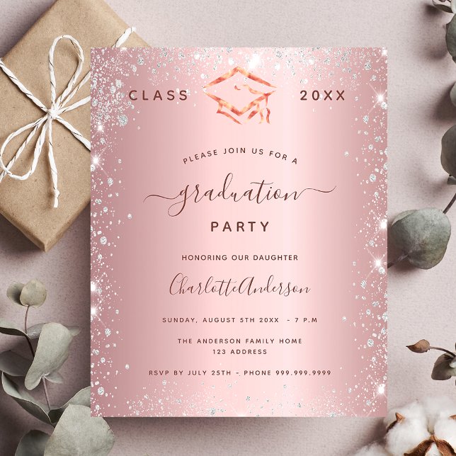 Pink silver graduation party budget invitation flyer (Creator Uploaded)
