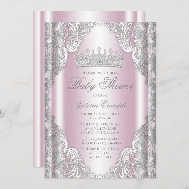 Pink Silver Grey Fancy Princess Baby Shower Invitation (Front/Back)