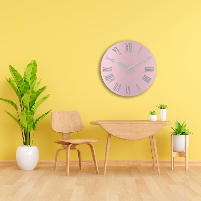 Pink Silver Grey Pastel Metallic Roman Numers Large Clock (Pink Silver Gray Pastel Metallic Roman Numbers Large Clock )
