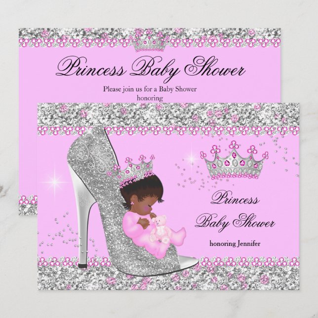 Pink Silver High Heel Princess Baby Shower Ethnic Invitation (Front/Back)