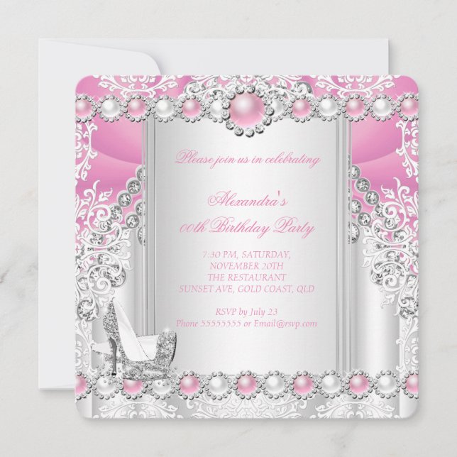 Pink Silver High Heels Pearl Birthday Party 3 Invitation (Front)