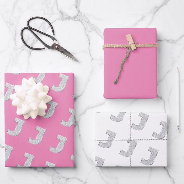 Pink Silver Letter J Wrapping Paper Sheet (Front)