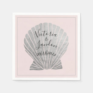 Pink Silver Metallic Seashells Name Beach Wedding Napkin