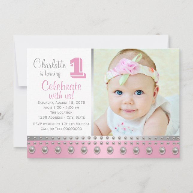 Pink Silver Pearl First Birthday Invitation (Front)