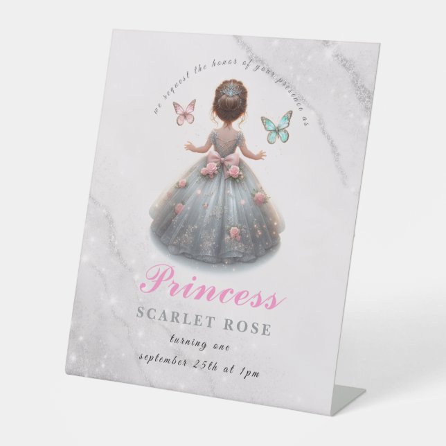 Pink silver princess gown Fairytale birthday party Pedestal Sign (Front)