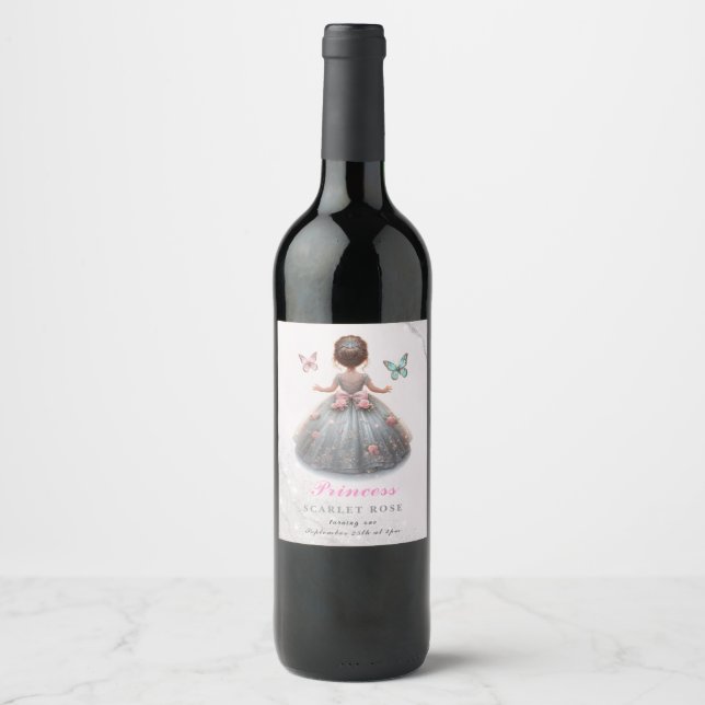 Pink silver princess gown Fairytale birthday party Wine Label (Front)