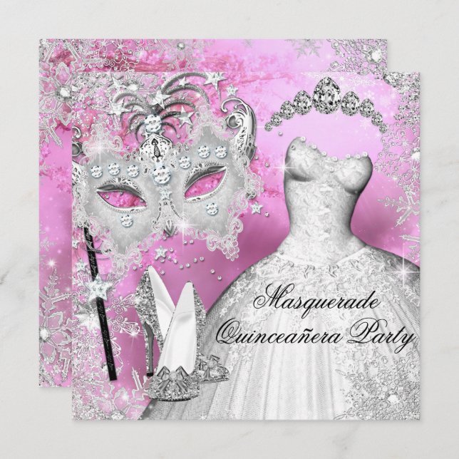 Pink Silver Princess Quinceanera Masquerade Invitation (Front/Back)