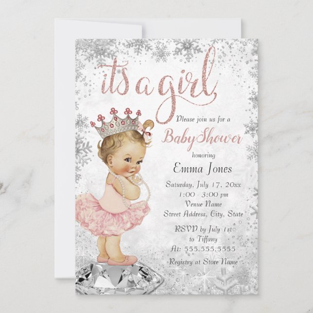 Pink Silver Princess Snowflake Girl Baby Shower Invitation (Front)
