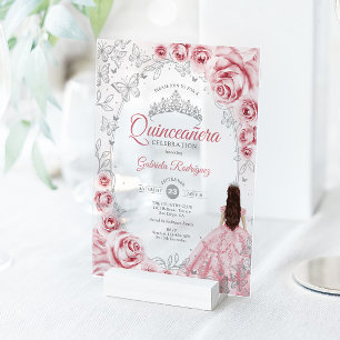 Pink Silver Quinceanera Floral Acrylic Invitations