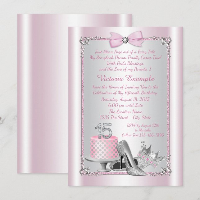 Pink Silver Quinceanera Invitations (Front/Back)