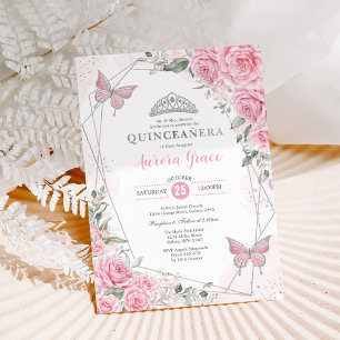 Pink Silver Roses Butterfly Quinceañera Birthday Invitation