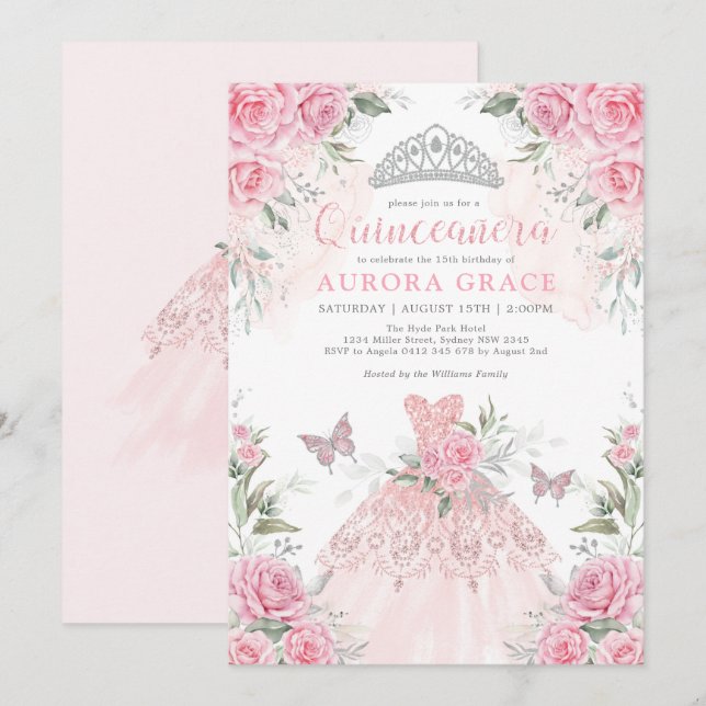 Pink Silver Roses Princess Crown Quinceañera Invitation (Front/Back)