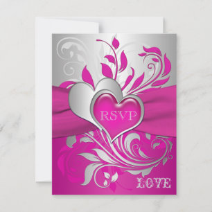 Pink, Silver Scrolls, Hearts RSVP Card