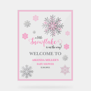 Pink Silver Snowflake Baby Shower Acrylic Sign 