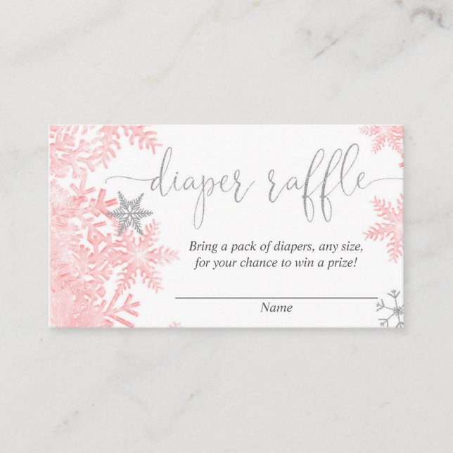 Pink silver snowflake baby shower diaper raffle enclosure card (Front)