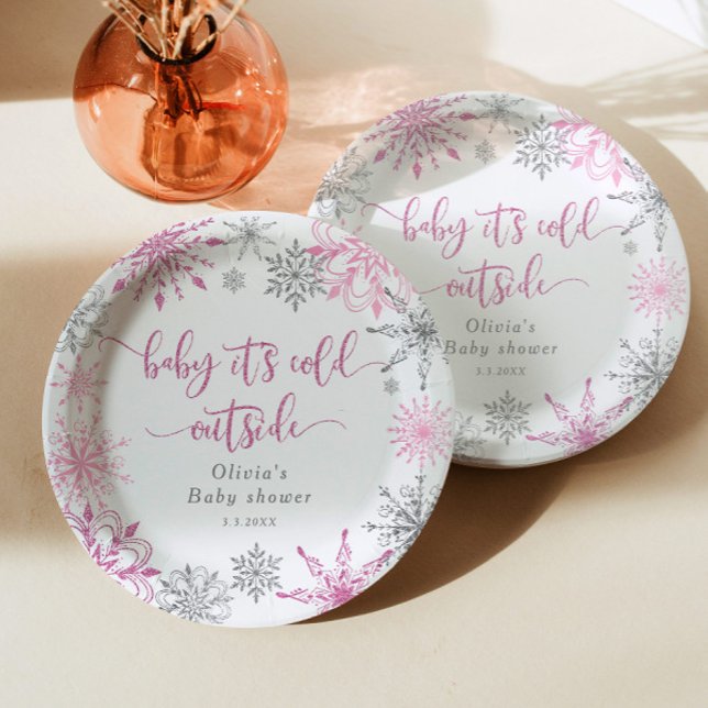 Pink silver snowflakes baby its cold outside paper plate (Creator Uploaded)