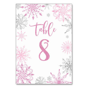 Pink Silver Snowflakes baby shower Eight Table Number