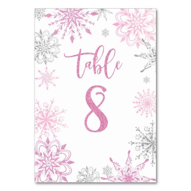 Pink Silver Snowflakes baby shower Eight Table Number (Front)