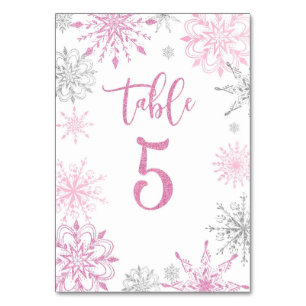 Pink Silver Snowflakes baby shower Five Table Number