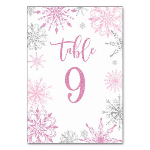 Pink Silver Snowflakes baby shower Nine Table Number