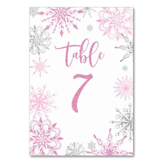 Pink Silver Snowflakes baby shower Seven Table Number (Back)