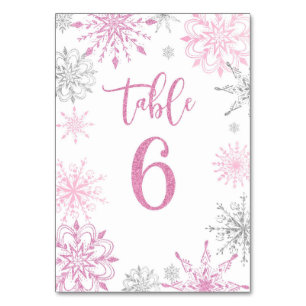 Pink Silver Snowflakes baby shower Six Table Number