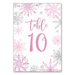 Pink Silver Snowflakes baby shower Ten Table Number