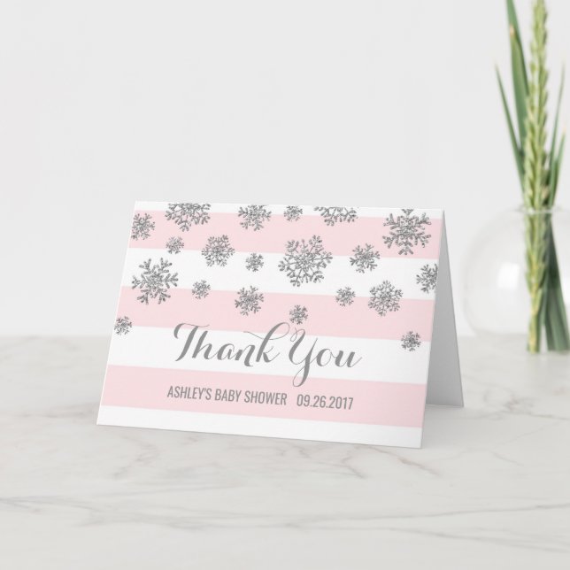 Pink Silver Snowflakes Baby Shower Thank You Card (Front)