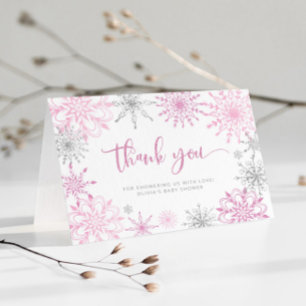 Pink silver snowflakes baby shower thank you card