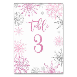 Pink Silver Snowflakes baby shower Three Table Number
