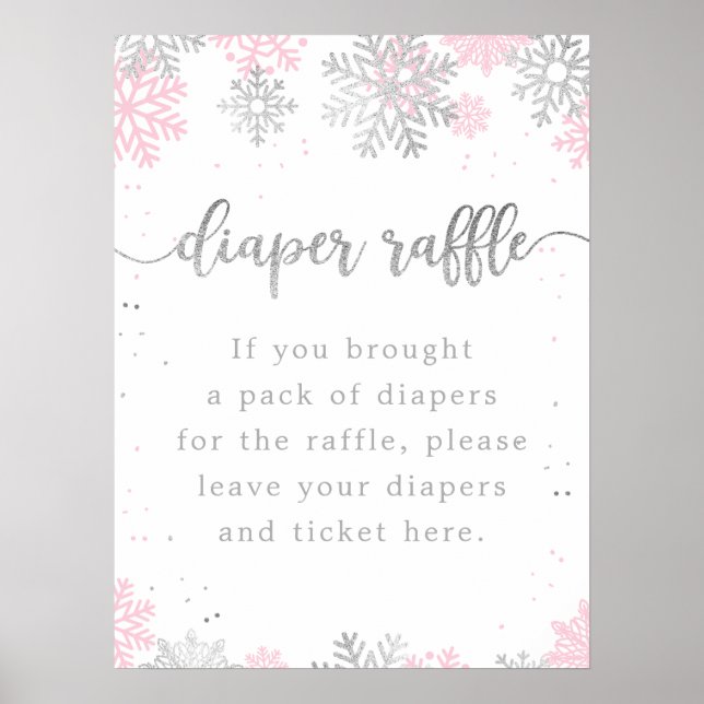Pink Silver Snowflakes Diaper Raffle Baby Shower Poster (Front)