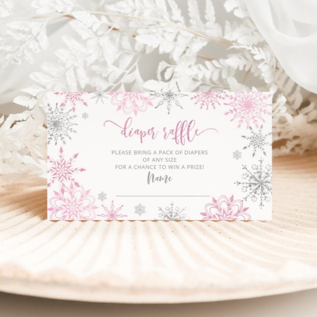 Pink silver snowflakes diaper raffle enclosure card (Creator Uploaded)