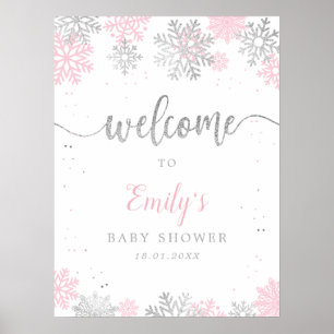 Pink Silver Snowflakes Girl Baby Shower Welcome Poster