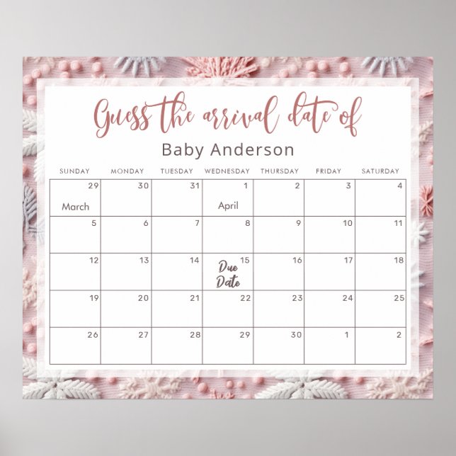 Pink & Silver Snowflakes Guess the Due Date Poster (Front)